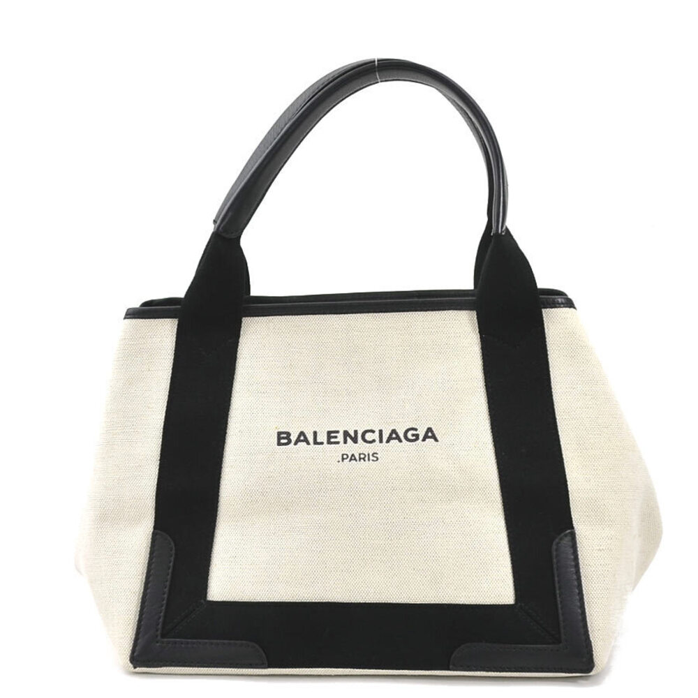 Balenciaga Navy Tote White Canvas Blue Bag Black Leather Cabas Shoulder - Picture 1 of 4